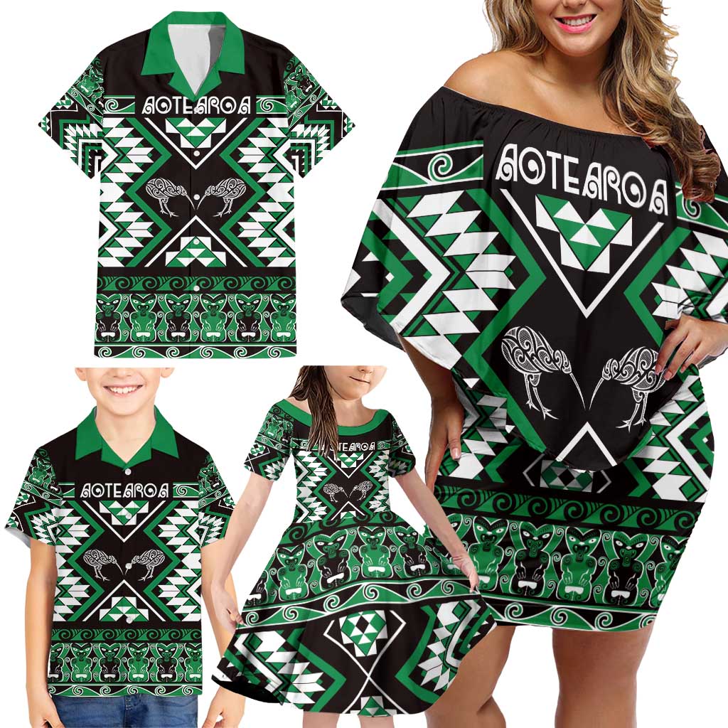 Personalised Taniko Motifs Aotearoa Family Matching Off Shoulder Short Dress and Hawaiian Shirt Waitangi Kowhaiwhai Kiwi - Green