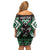 Personalised Taniko Motifs Aotearoa Family Matching Off Shoulder Short Dress and Hawaiian Shirt Waitangi Kowhaiwhai Kiwi - Green