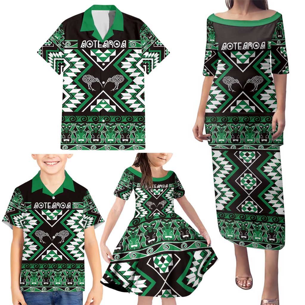 Personalised Taniko Motifs Aotearoa Family Matching Puletasi and Hawaiian Shirt Waitangi Kowhaiwhai Kiwi - Green