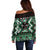 Personalised Taniko Motifs Aotearoa Off Shoulder Sweater Waitangi Kowhaiwhai Kiwi - Green