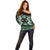 Personalised Taniko Motifs Aotearoa Off Shoulder Sweater Waitangi Kowhaiwhai Kiwi - Green