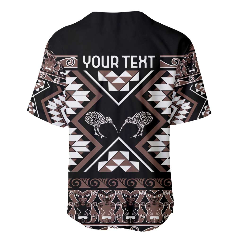 Personalised Taniko Motifs Aotearoa Baseball Jersey Waitangi Kowhaiwhai Kiwi - Mocha LT7 - Polynesian Pride