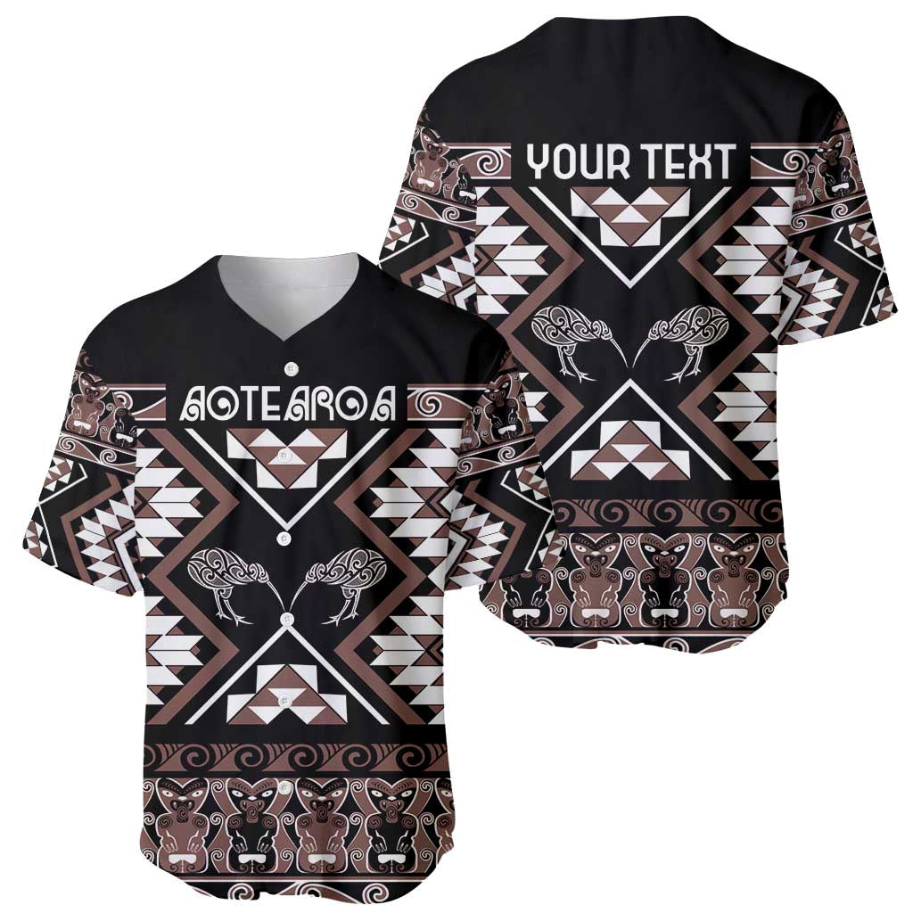 Personalised Taniko Motifs Aotearoa Baseball Jersey Waitangi Kowhaiwhai Kiwi - Mocha LT7 - Polynesian Pride