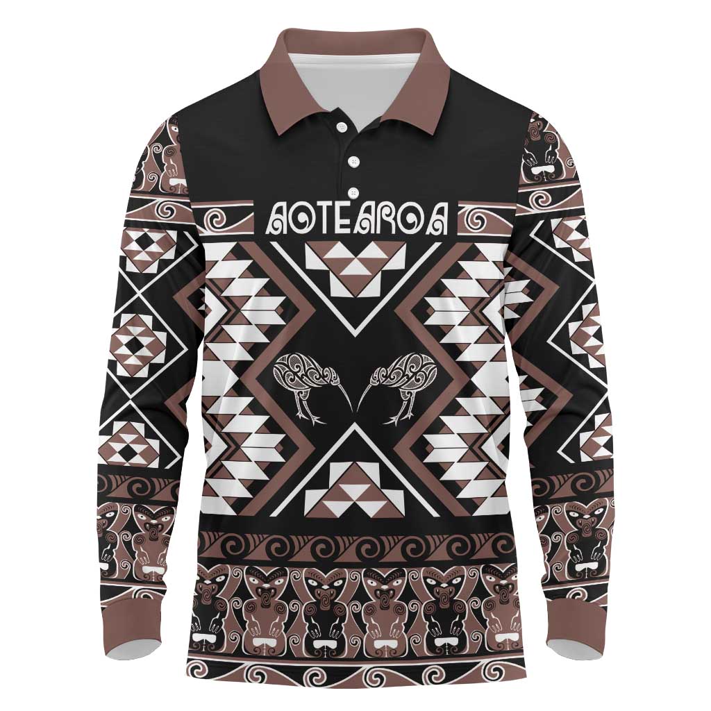 Personalised Taniko Motifs Aotearoa Long Sleeve Polo Shirt Waitangi Kowhaiwhai Kiwi - Mocha LT7 Mocha - Polynesian Pride