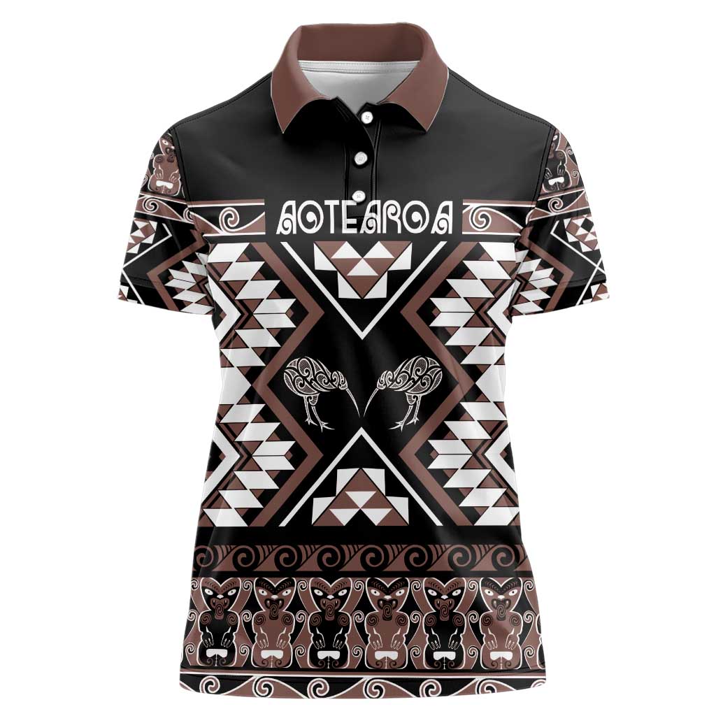 Personalised Taniko Motifs Aotearoa Women Polo Shirt Waitangi Kowhaiwhai Kiwi - Mocha LT7 Female Mocha - Polynesian Pride