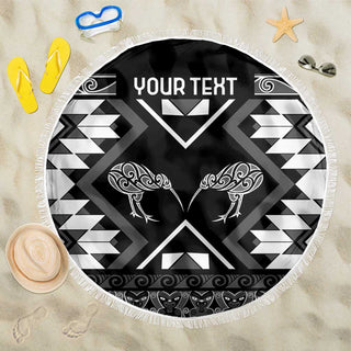 Personalised Taniko Motifs Aotearoa Beach Blanket Waitangi Kowhaiwhai Kiwi - Monochrome LT7 - One Size / 150cm / Grey