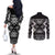 Personalised Taniko Motifs Aotearoa Couples Matching Off The Shoulder Long Sleeve Dress and Long Sleeve Button Shirt Waitangi Kowhaiwhai Kiwi - Monochrome