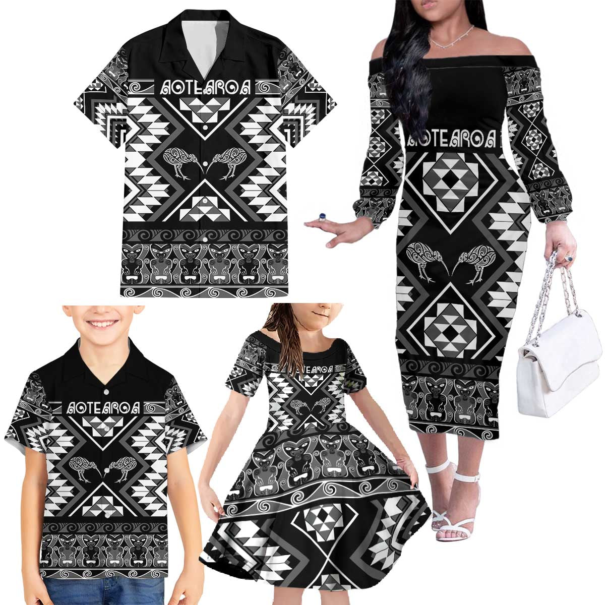 Personalised Taniko Motifs Aotearoa Family Matching Off The Shoulder Long Sleeve Dress and Hawaiian Shirt Waitangi Kowhaiwhai Kiwi - Monochrome