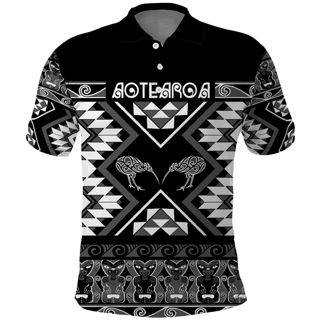 Personalised Taniko Motifs Aotearoa Polo Shirt Waitangi Kowhaiwhai Kiwi - Monochrome LT7 Grey - Polynesian Pride