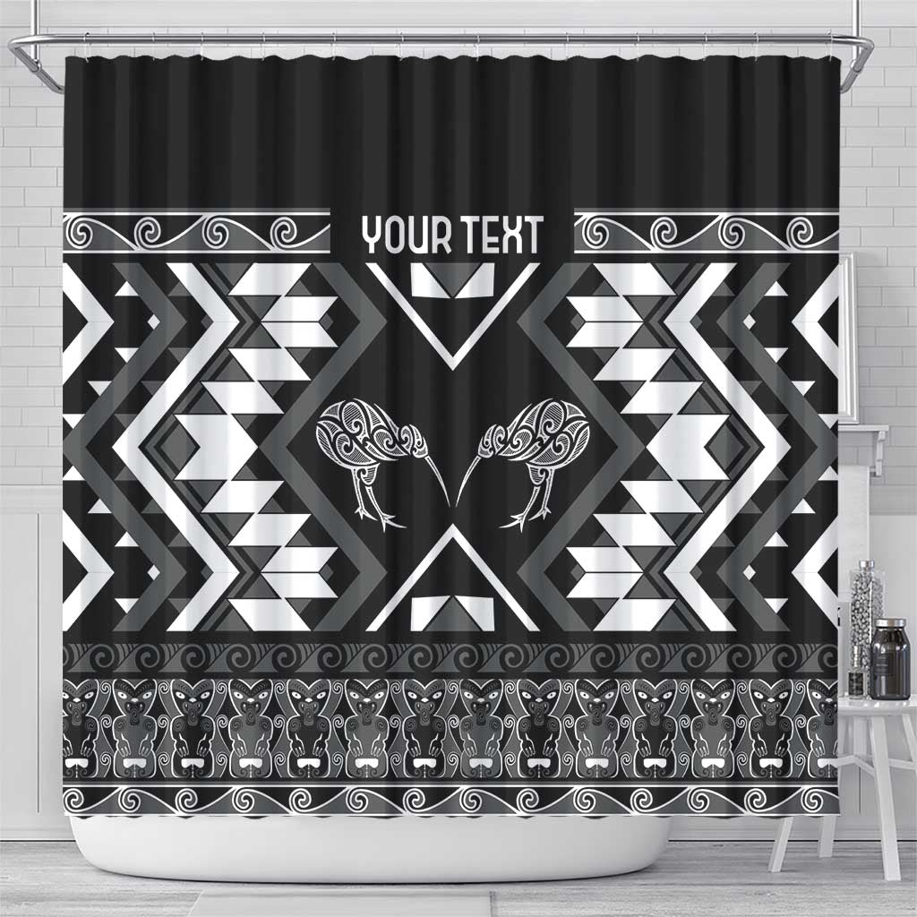 Personalised Taniko Motifs Aotearoa Shower Curtain Waitangi Kowhaiwhai Kiwi - Monochrome LT7 - Polynesian Pride