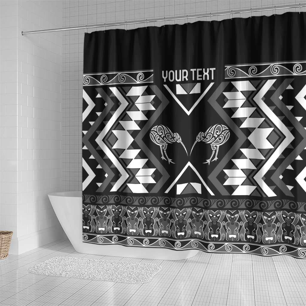 Personalised Taniko Motifs Aotearoa Shower Curtain Waitangi Kowhaiwhai Kiwi - Monochrome LT7 - Polynesian Pride