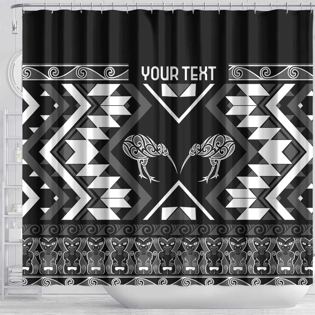 Personalised Taniko Motifs Aotearoa Shower Curtain Waitangi Kowhaiwhai Kiwi - Monochrome LT7 - Polynesian Pride