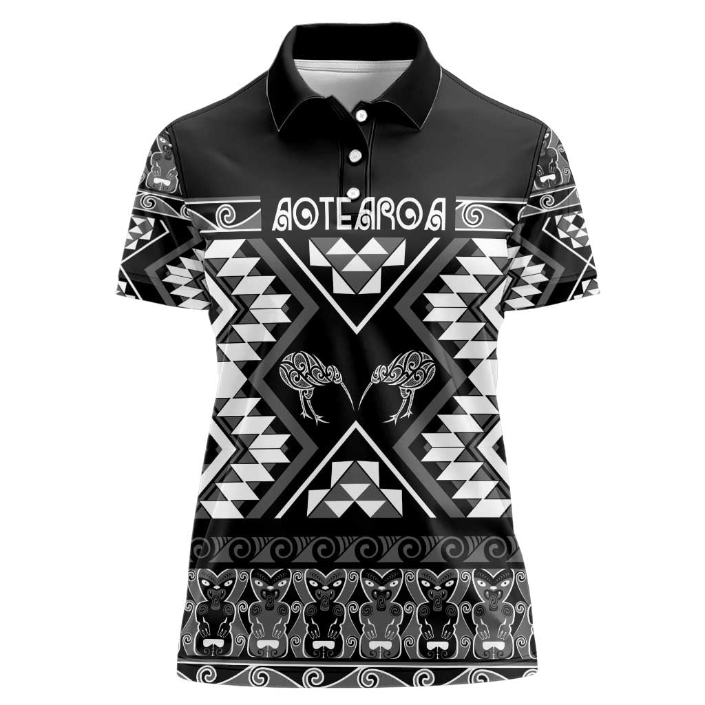 Personalised Taniko Motifs Aotearoa Women Polo Shirt Waitangi Kowhaiwhai Kiwi - Monochrome LT7 Female Grey - Polynesian Pride