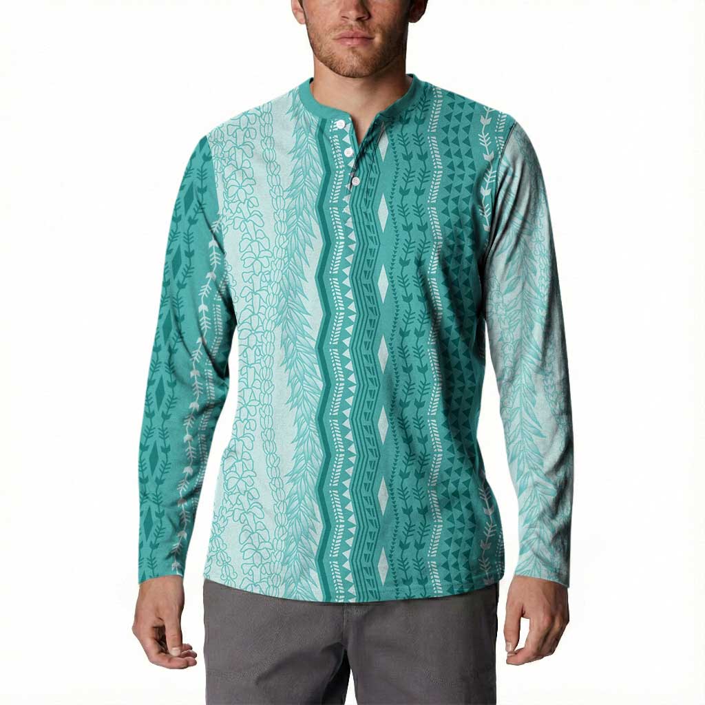 Vintage Teal Hawaiian Traditional Kapa Mix Flowers Lei Button Sweatshirt LT7 - Polynesian Pride