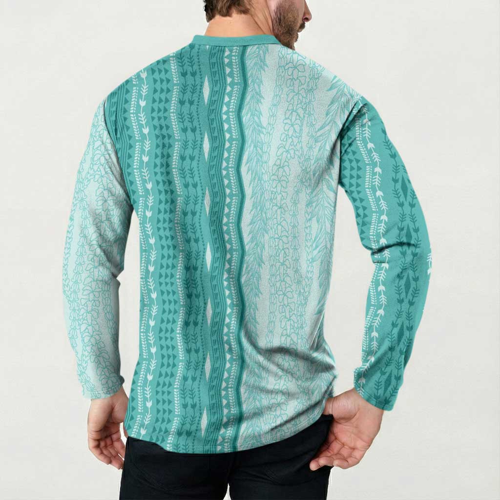Vintage Teal Hawaiian Traditional Kapa Mix Flowers Lei Button Sweatshirt LT7 - Polynesian Pride