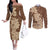 Samoa Women's Day Couples Matching Off The Shoulder Long Sleeve Dress and Long Sleeve Button Shirt Tiale Flower Mix Siapo Tapa LT7 Beige - Polynesian Pride