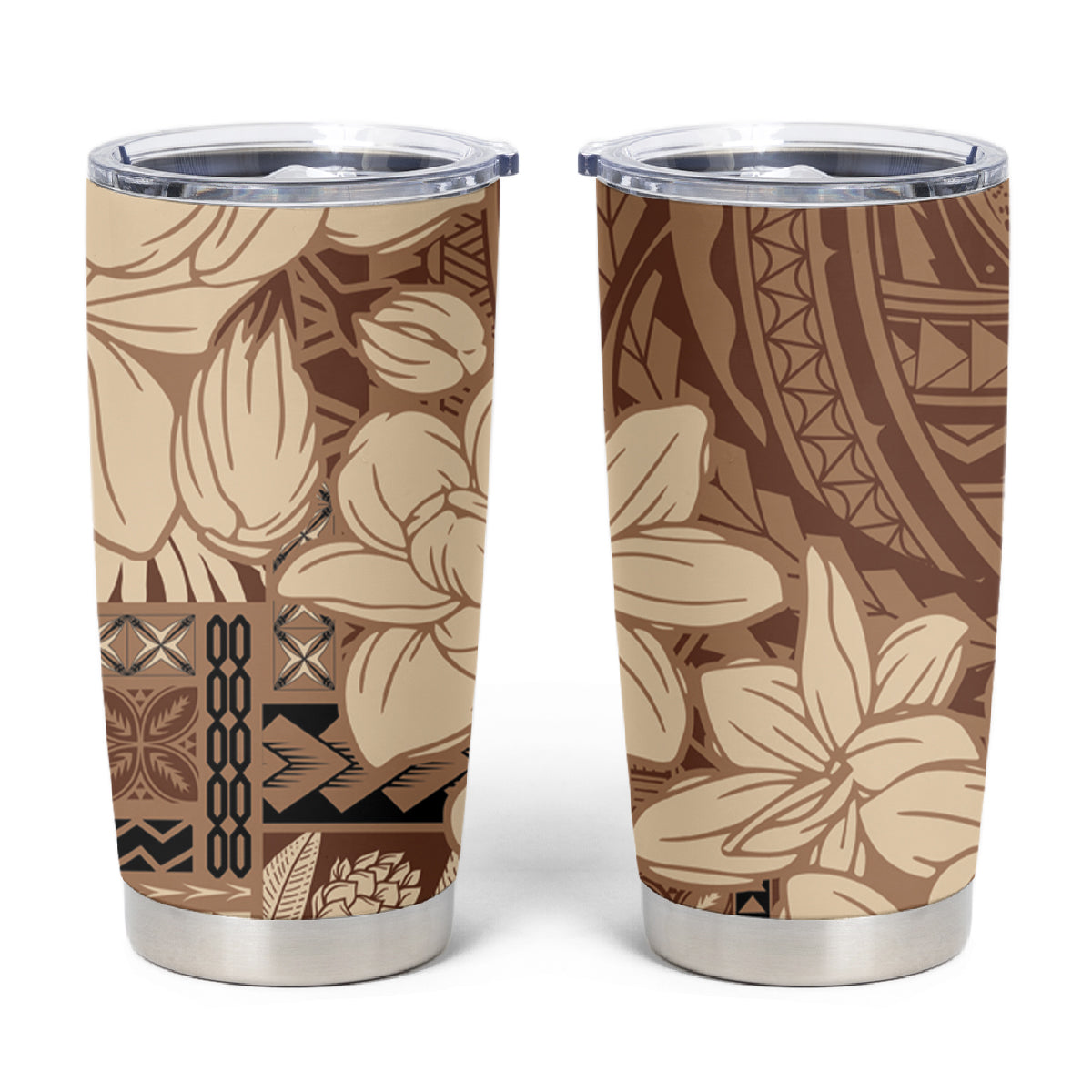Samoa Women's Day Tumbler Cup Tiale Flower Mix Siapo Tapa LT7 Beige - Polynesian Pride