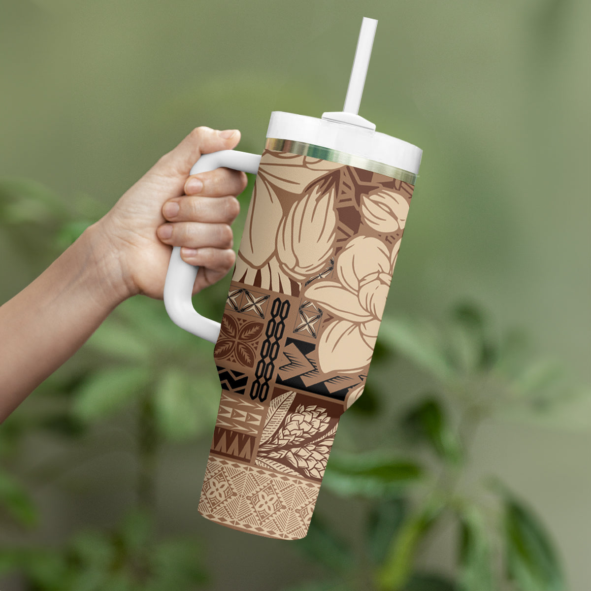 Samoa Women's Day Tumbler With Handle Tiale Flower Mix Siapo Tapa LT7 - Polynesian Pride