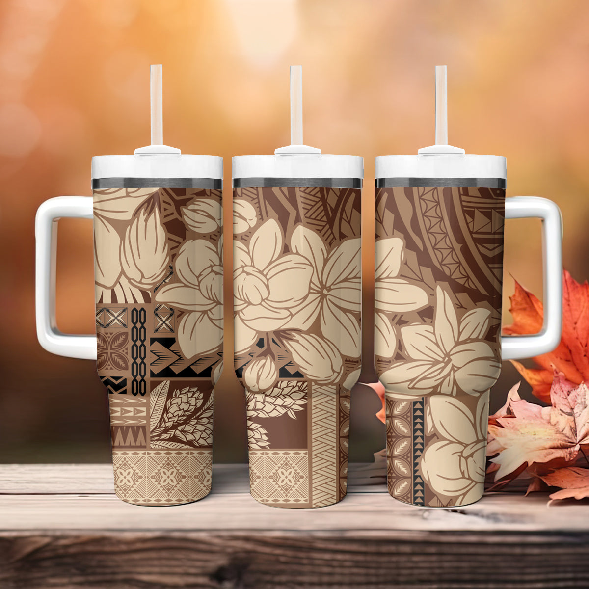 Samoa Women's Day Tumbler With Handle Tiale Flower Mix Siapo Tapa LT7 - Polynesian Pride