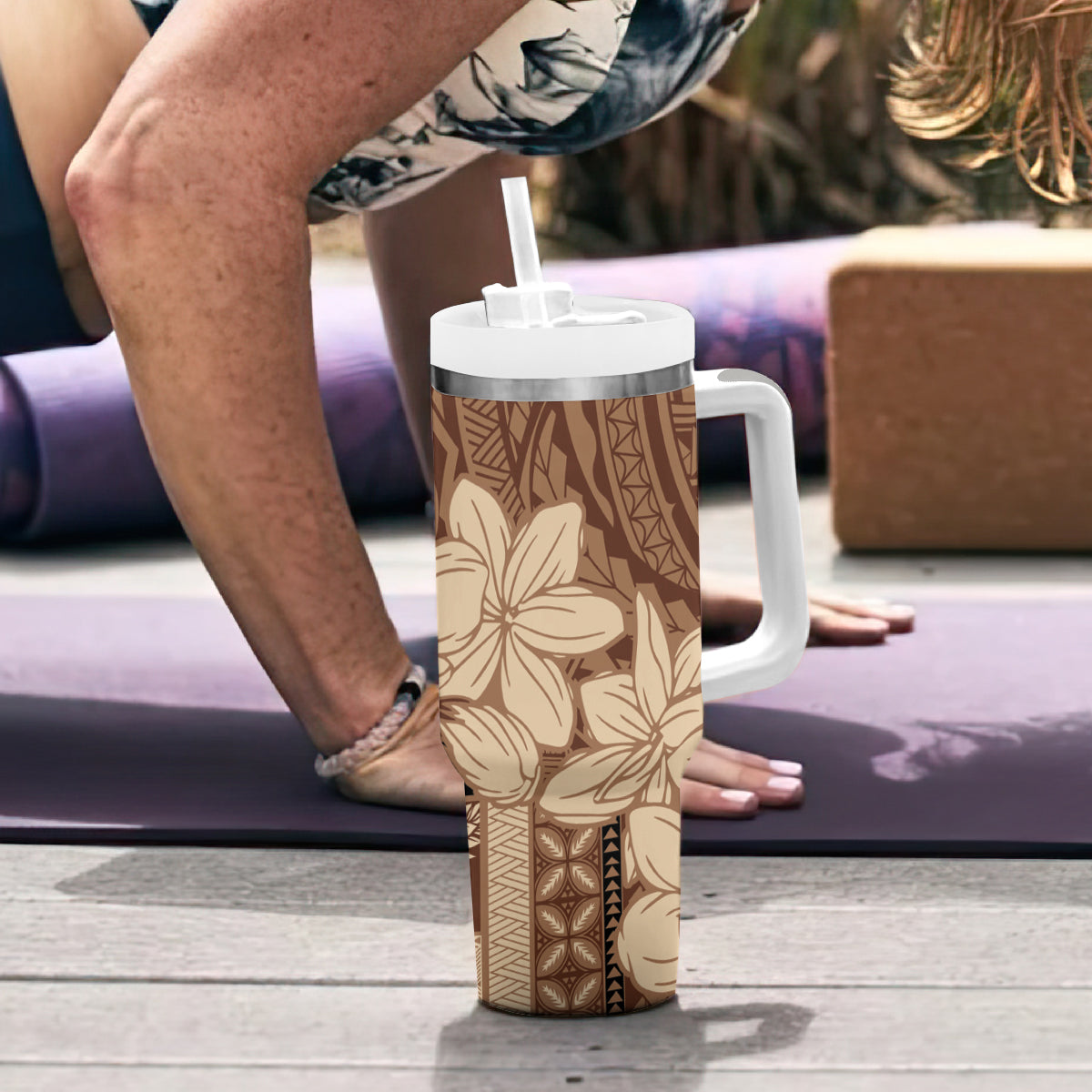 Samoa Women's Day Tumbler With Handle Tiale Flower Mix Siapo Tapa LT7 - Polynesian Pride