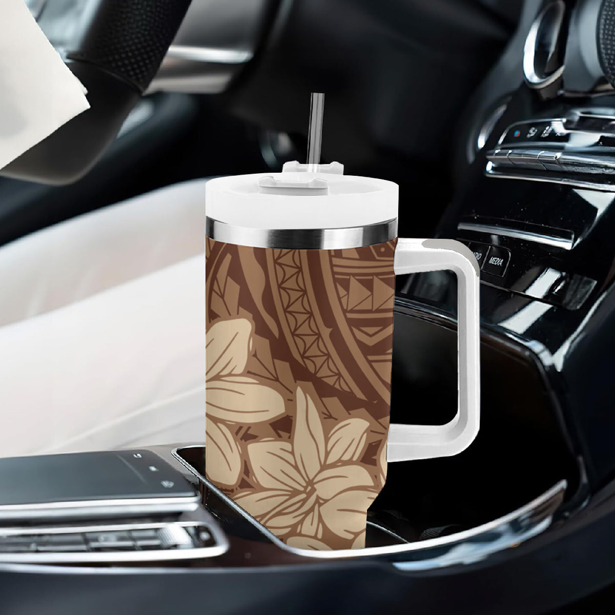 Samoa Women's Day Tumbler With Handle Tiale Flower Mix Siapo Tapa LT7 - Polynesian Pride