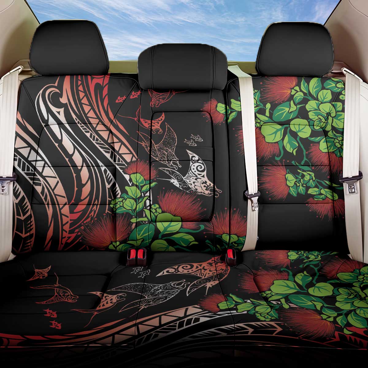Aloha Hawaii Manta Rays Back Car Seat Cover Red Ohia Lehua LT7 One Size Red - Polynesian Pride