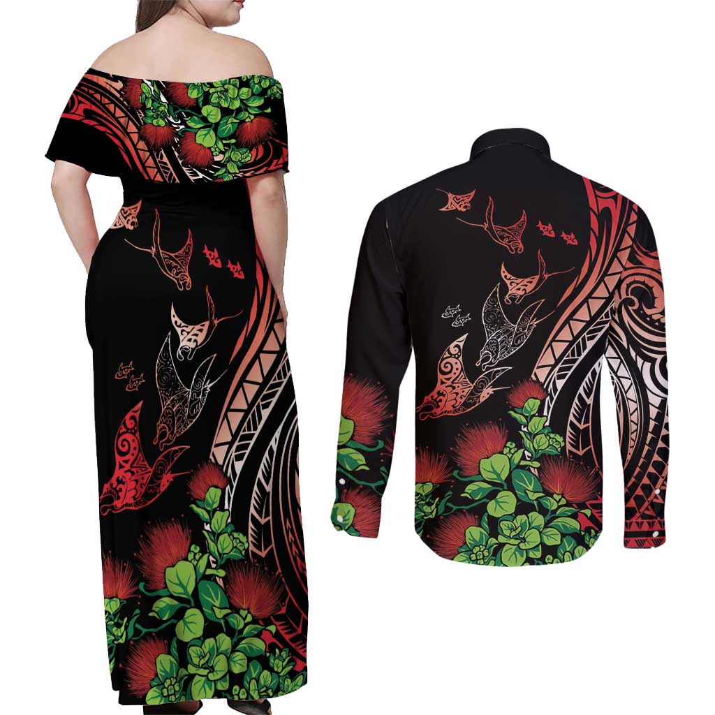 Aloha Hawaii Manta Rays Couples Matching Off Shoulder Maxi Dress and Long Sleeve Button Shirt Red Ohia Lehua LT7 - Polynesian Pride