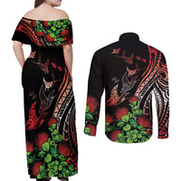 Aloha Hawaii Manta Rays Couples Matching Off Shoulder Maxi Dress and Long Sleeve Button Shirt Red Ohia Lehua LT7 - Polynesian Pride