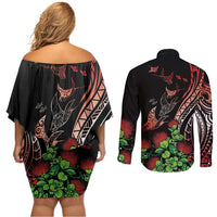 Aloha Hawaii Manta Rays Couples Matching Off Shoulder Short Dress and Long Sleeve Button Shirt Red Ohia Lehua LT7 - Polynesian Pride