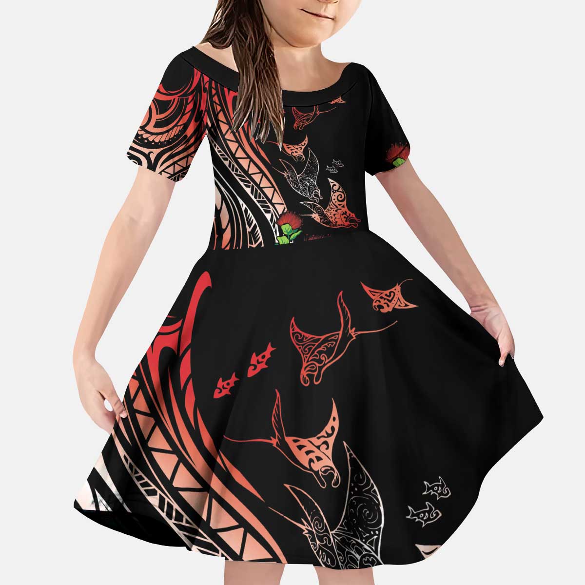 Aloha Hawaii Manta Rays Kid Short Sleeve Dress Red Ohia Lehua LT7 KID Red - Polynesian Pride