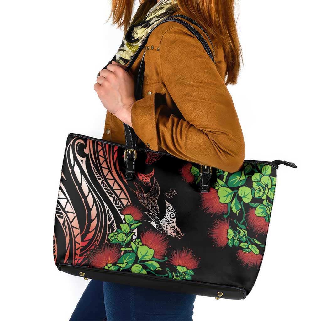 Aloha Hawaii Manta Rays Leather Tote Bag Red Ohia Lehua LT7 Red - Polynesian Pride