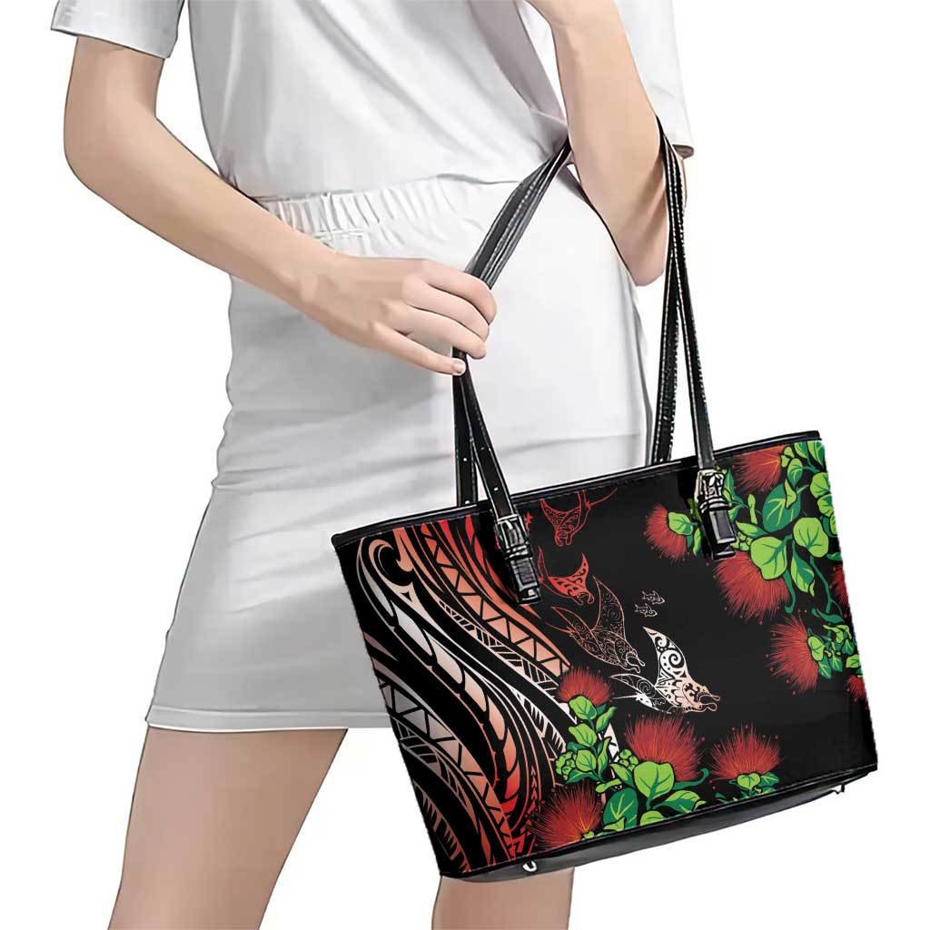Aloha Hawaii Manta Rays Leather Tote Bag Red Ohia Lehua LT7 - Polynesian Pride