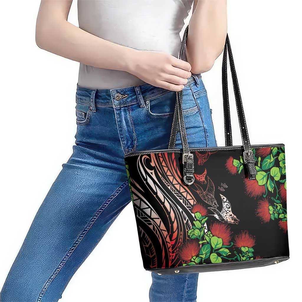 Aloha Hawaii Manta Rays Leather Tote Bag Red Ohia Lehua LT7 - Polynesian Pride