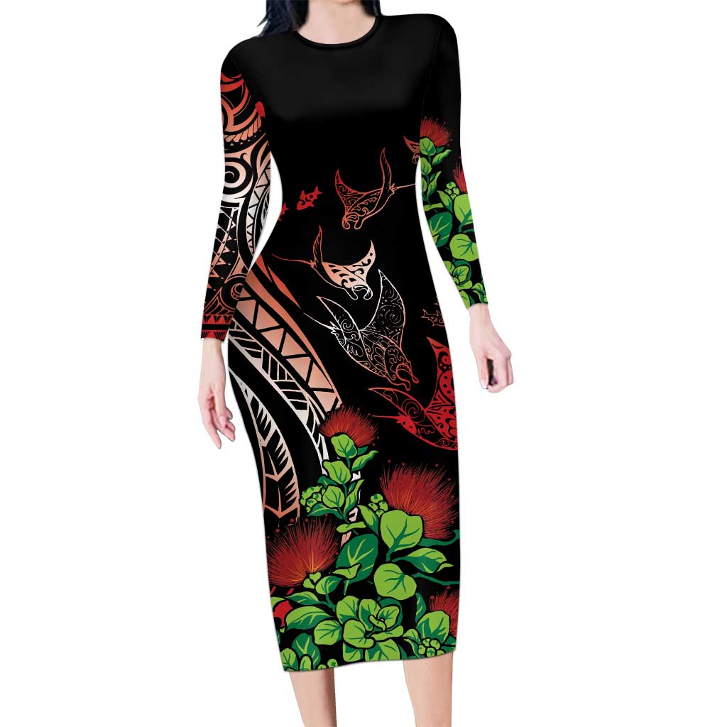 Aloha Hawaii Manta Rays Long Sleeve Bodycon Dress Red Ohia Lehua LT7 Long Dress Red - Polynesian Pride