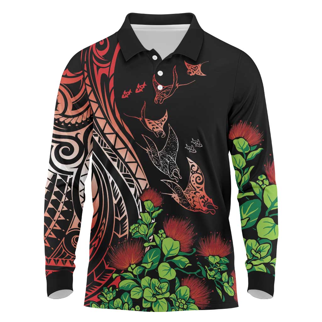 Aloha Hawaii Manta Rays Long Sleeve Polo Shirt Red Ohia Lehua LT7 Red - Polynesian Pride