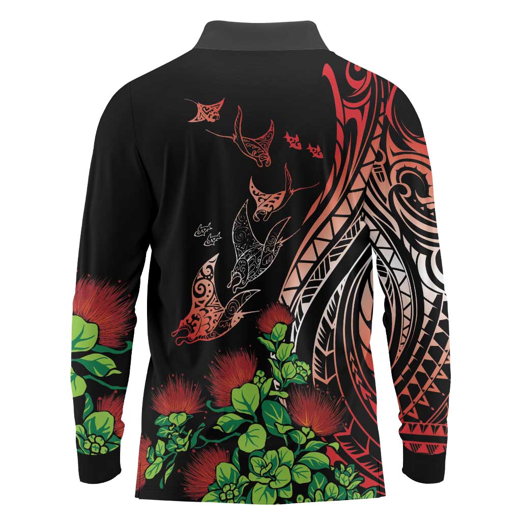 Aloha Hawaii Manta Rays Long Sleeve Polo Shirt Red Ohia Lehua LT7 - Polynesian Pride