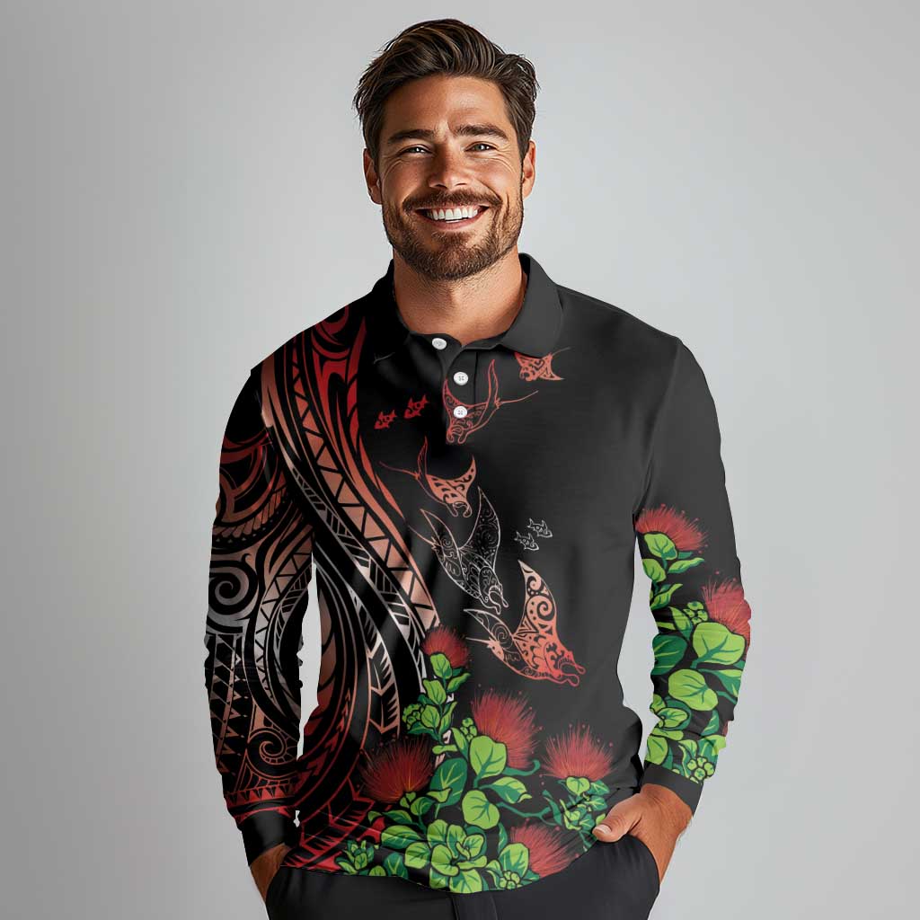 Aloha Hawaii Manta Rays Long Sleeve Polo Shirt Red Ohia Lehua LT7 - Polynesian Pride