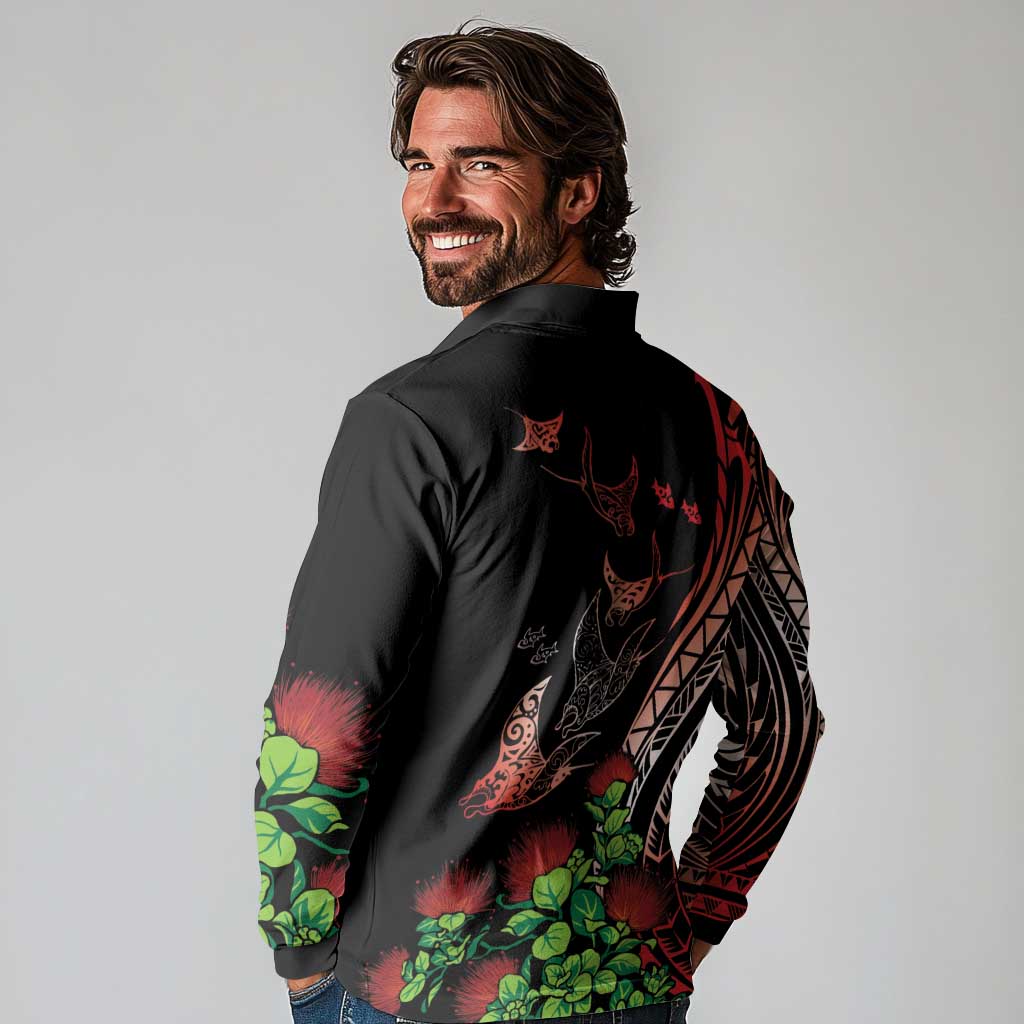 Aloha Hawaii Manta Rays Long Sleeve Polo Shirt Red Ohia Lehua LT7 - Polynesian Pride