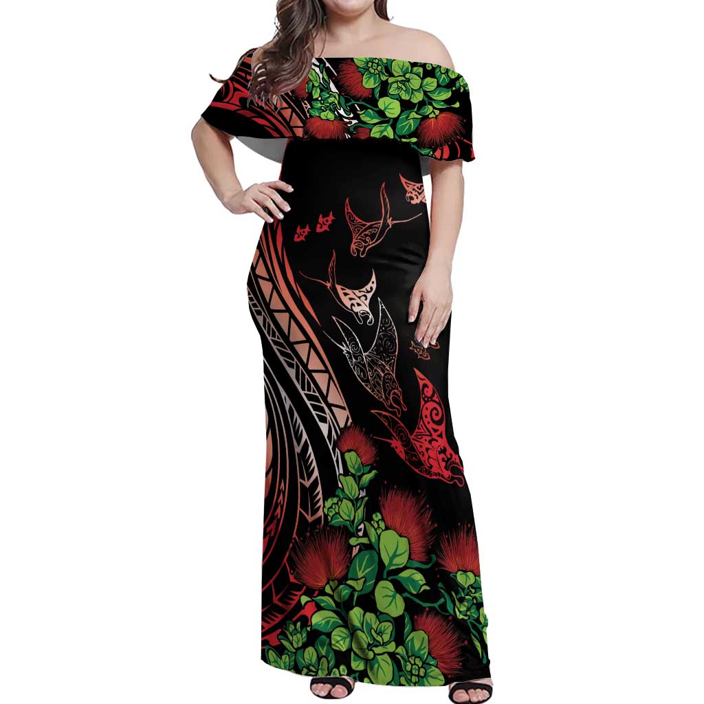 Aloha Hawaii Manta Rays Off Shoulder Maxi Dress Red Ohia Lehua LT7 Women Red - Polynesian Pride
