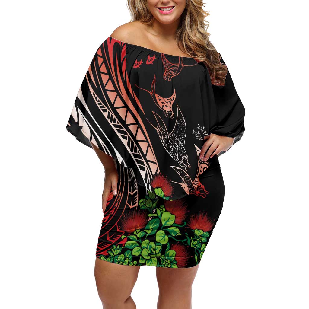 Aloha Hawaii Manta Rays Off Shoulder Short Dress Red Ohia Lehua LT7 Women Red - Polynesian Pride