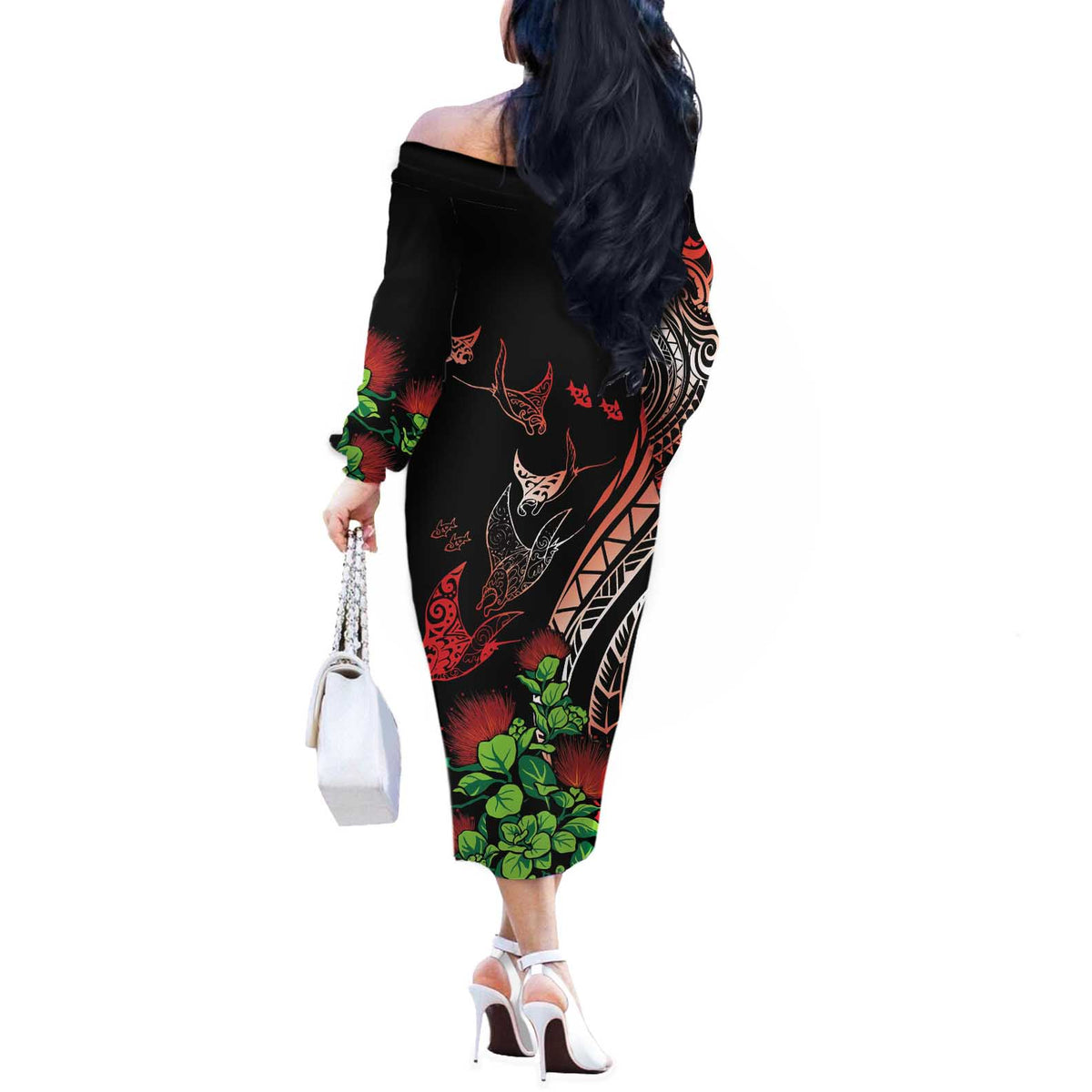 Aloha Hawaii Manta Rays Off The Shoulder Long Sleeve Dress Red Ohia Lehua LT7 - Polynesian Pride
