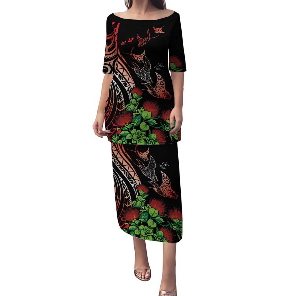 Aloha Hawaii Manta Rays Puletasi Red Ohia Lehua LT7 Long Dress Red - Polynesian Pride