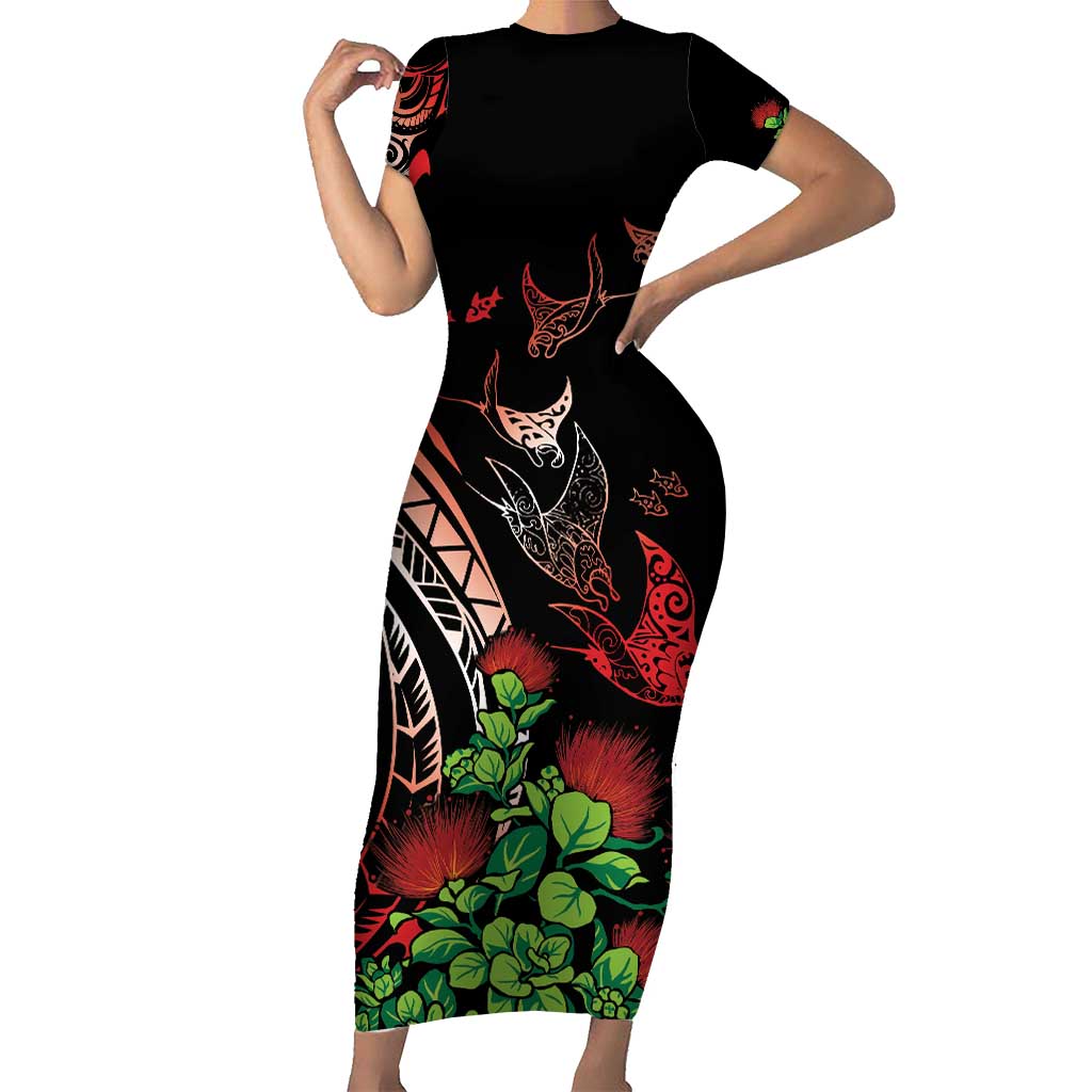 Aloha Hawaii Manta Rays Short Sleeve Bodycon Dress Red Ohia Lehua LT7 Long Dress Red - Polynesian Pride