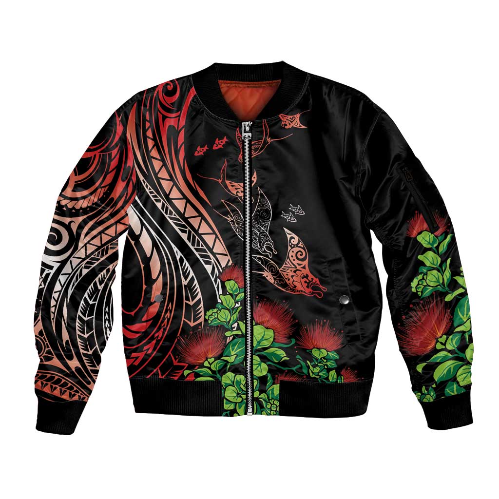 Aloha Hawaii Manta Rays Sleeve Zip Bomber Jacket Red Ohia Lehua LT7 Unisex Red - Polynesian Pride