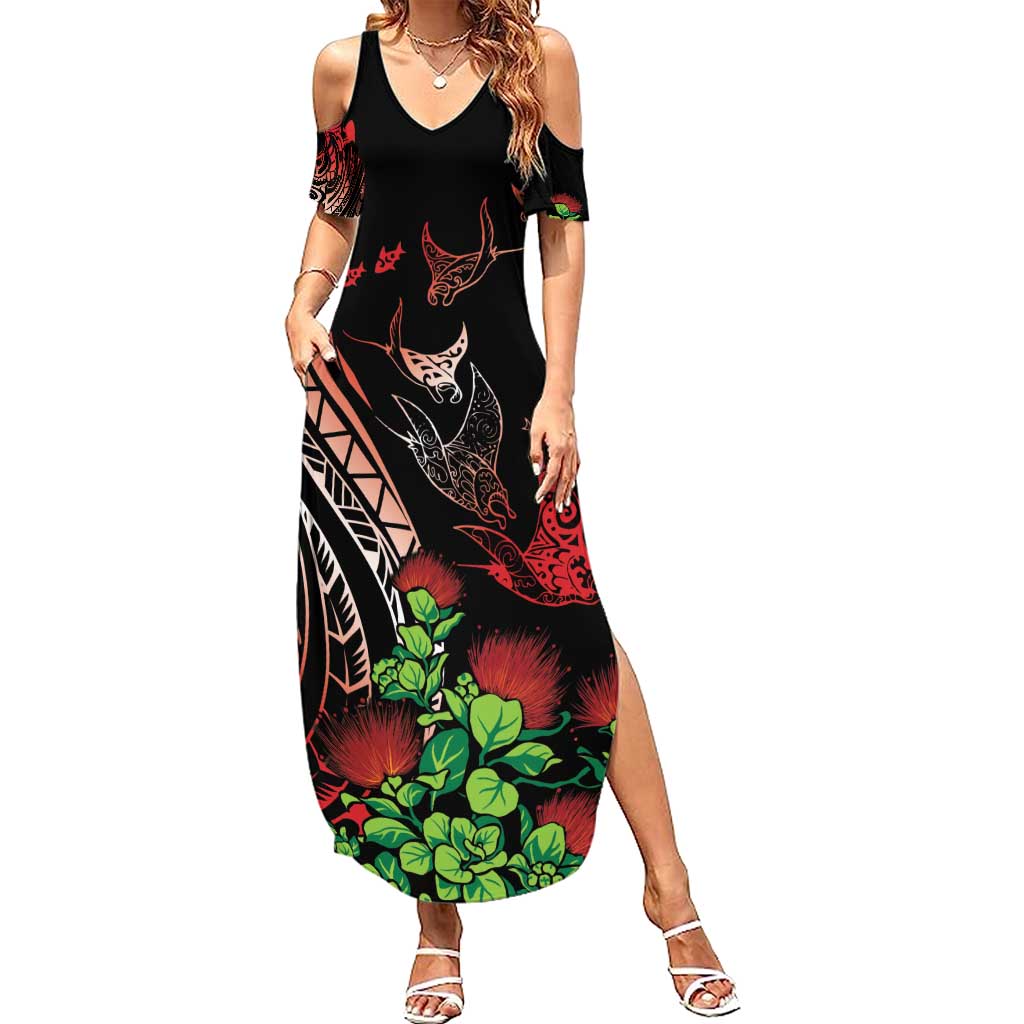 Aloha Hawaii Manta Rays Summer Maxi Dress Red Ohia Lehua LT7 Women Red - Polynesian Pride