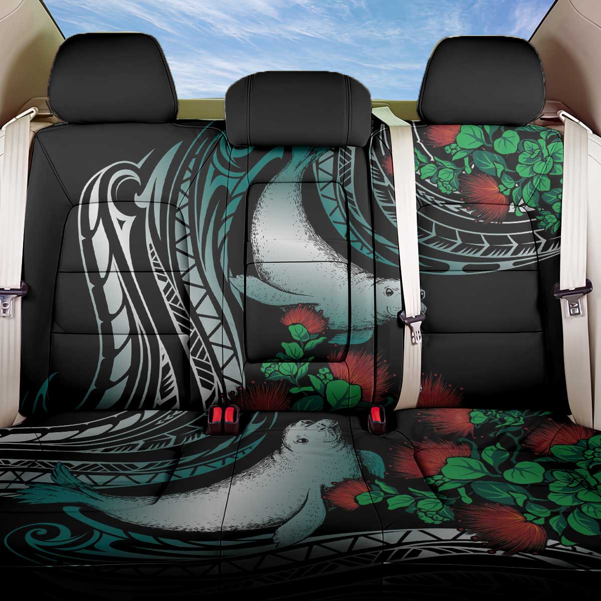 Aloha Hawaii Monk Seal Back Car Seat Cover Mix Ohia Lehua LT7 One Size Teal - Polynesian Pride