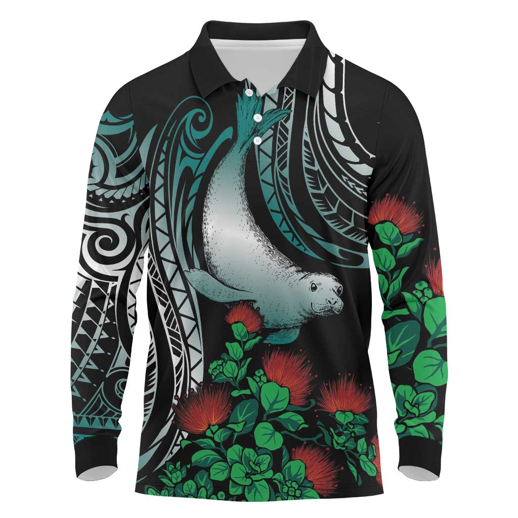 Aloha Hawaii Monk Seal Long Sleeve Polo Shirt Mix Ohia Lehua LT7 Teal - Polynesian Pride