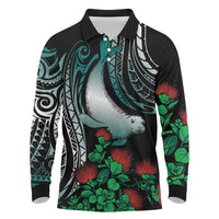 Aloha Hawaii Monk Seal Long Sleeve Polo Shirt Mix Ohia Lehua LT7 Teal - Polynesian Pride