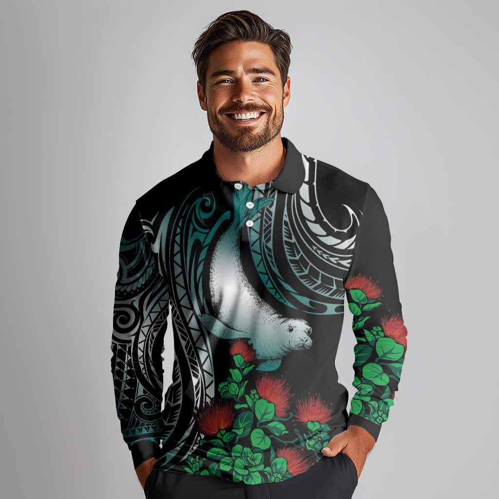 Aloha Hawaii Monk Seal Long Sleeve Polo Shirt Mix Ohia Lehua LT7 - Polynesian Pride