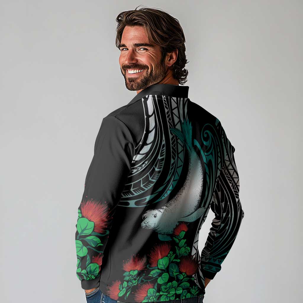 Aloha Hawaii Monk Seal Long Sleeve Polo Shirt Mix Ohia Lehua LT7 - Polynesian Pride